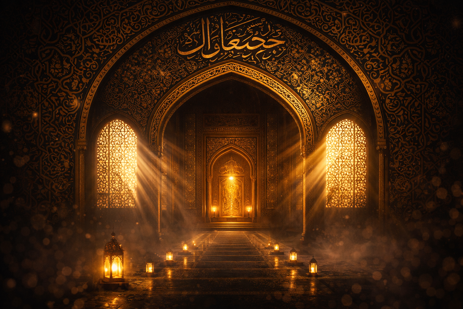 Elegant mosque interior viewed through a grand horseshoe arch, intricate gold and dark green Islamic arabesque patterns, warm golden light shafts through geometric lattice windows, glowing prayer niche (mihrab), Arabic calligraphy in gold leaf -- Jummah Mubarak HD wallpaper